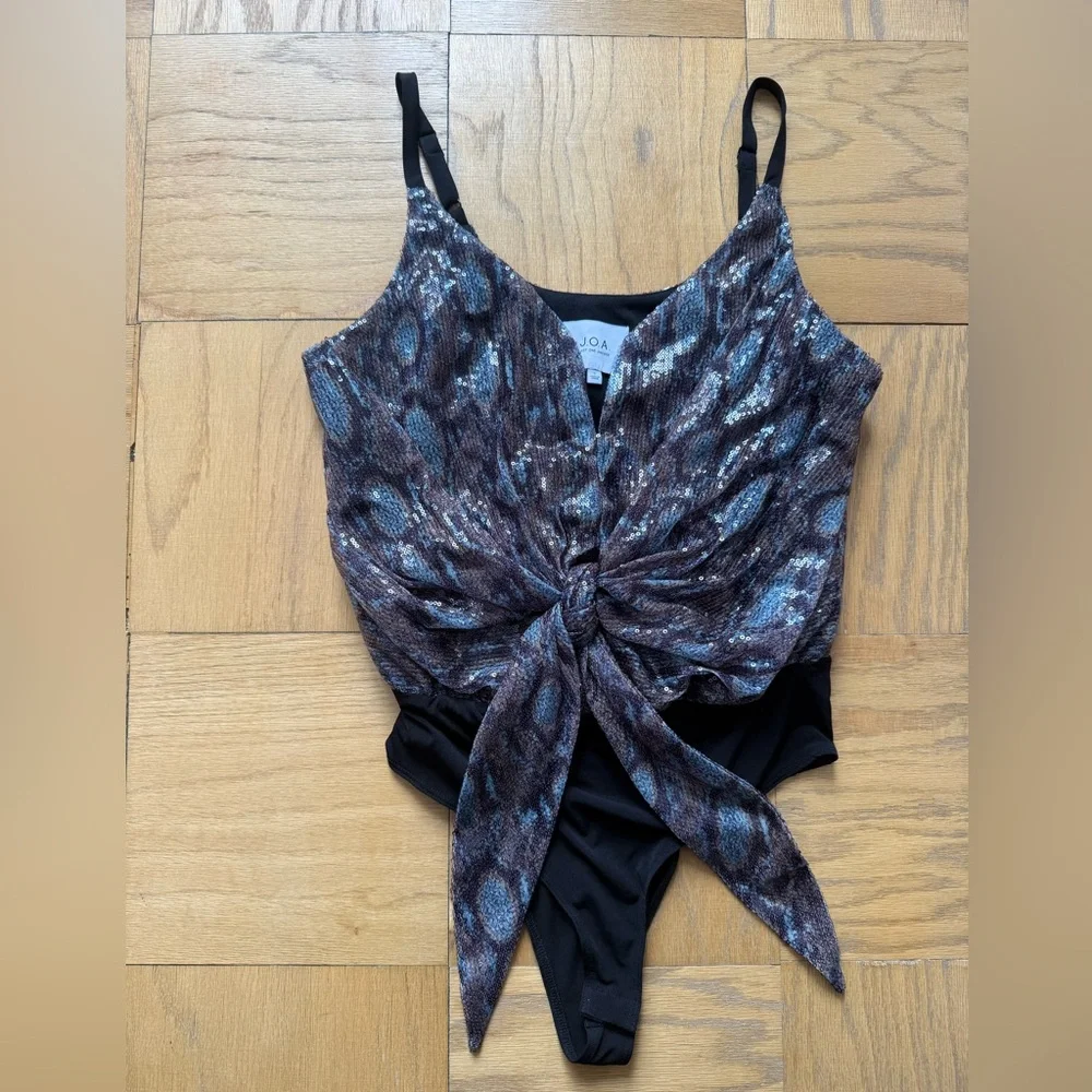 J.O.A. Blue and Brown Snake Print Sequin Bodysuit - Picture 2 of 6